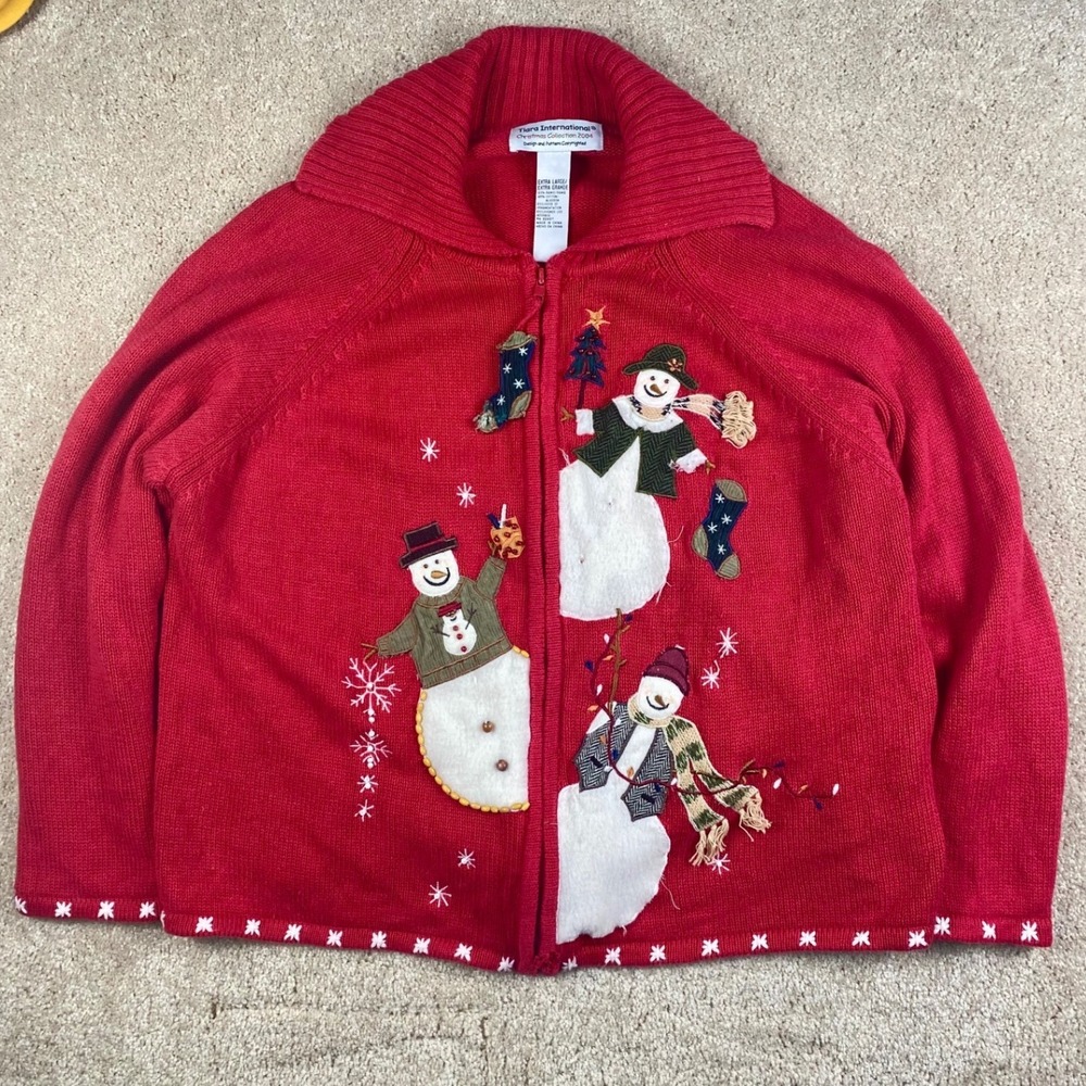 Tiara International Christmas Collection 2004 Snowman Zip Up Sweater Red XL